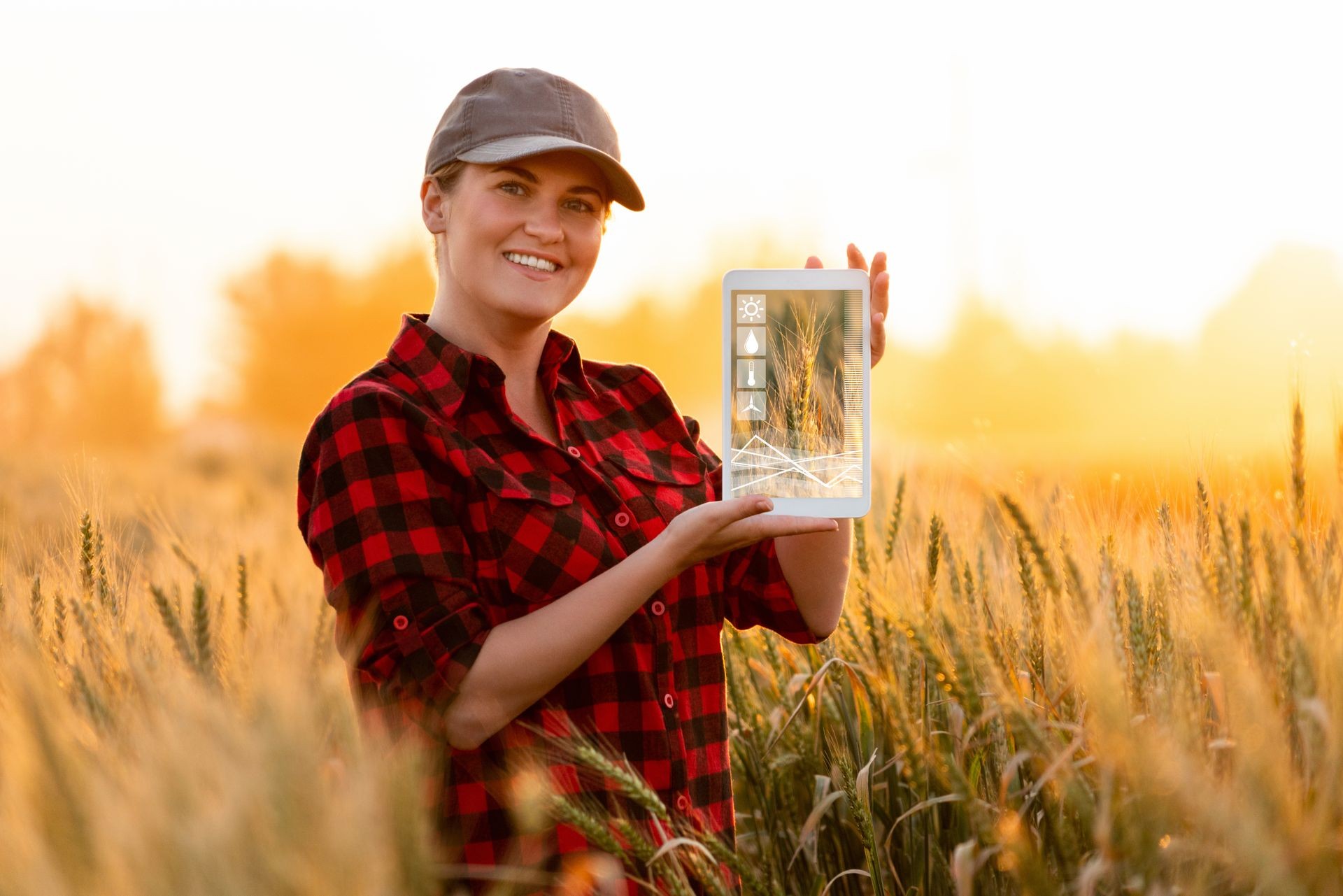 A woman farmer is holding a tablet on the background of a wheat field. Smart farming and digital agriculture concept
